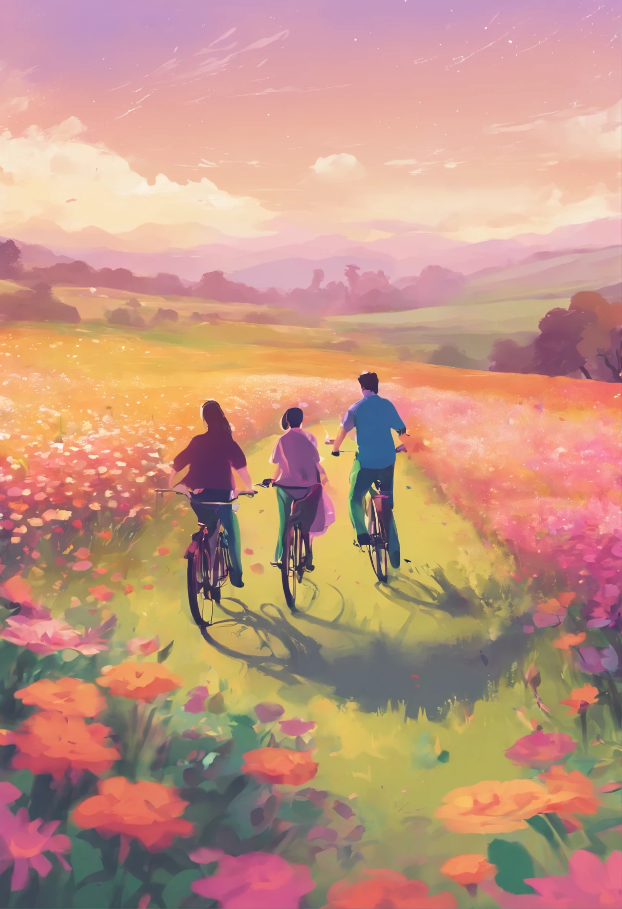 there is a man and woman riding a bicycle through a field of flowers, a digital painting by Andrée Ruellan, shutterstock contest winner, conceptual art, in style of digital illustration, blurred and dreamy illustration, dreamy illustration, blurry and dreamy illustration, colorful illustration, jen bartel, illutstration, illustration!, illustration”, procreate illustration, colorfull illustration