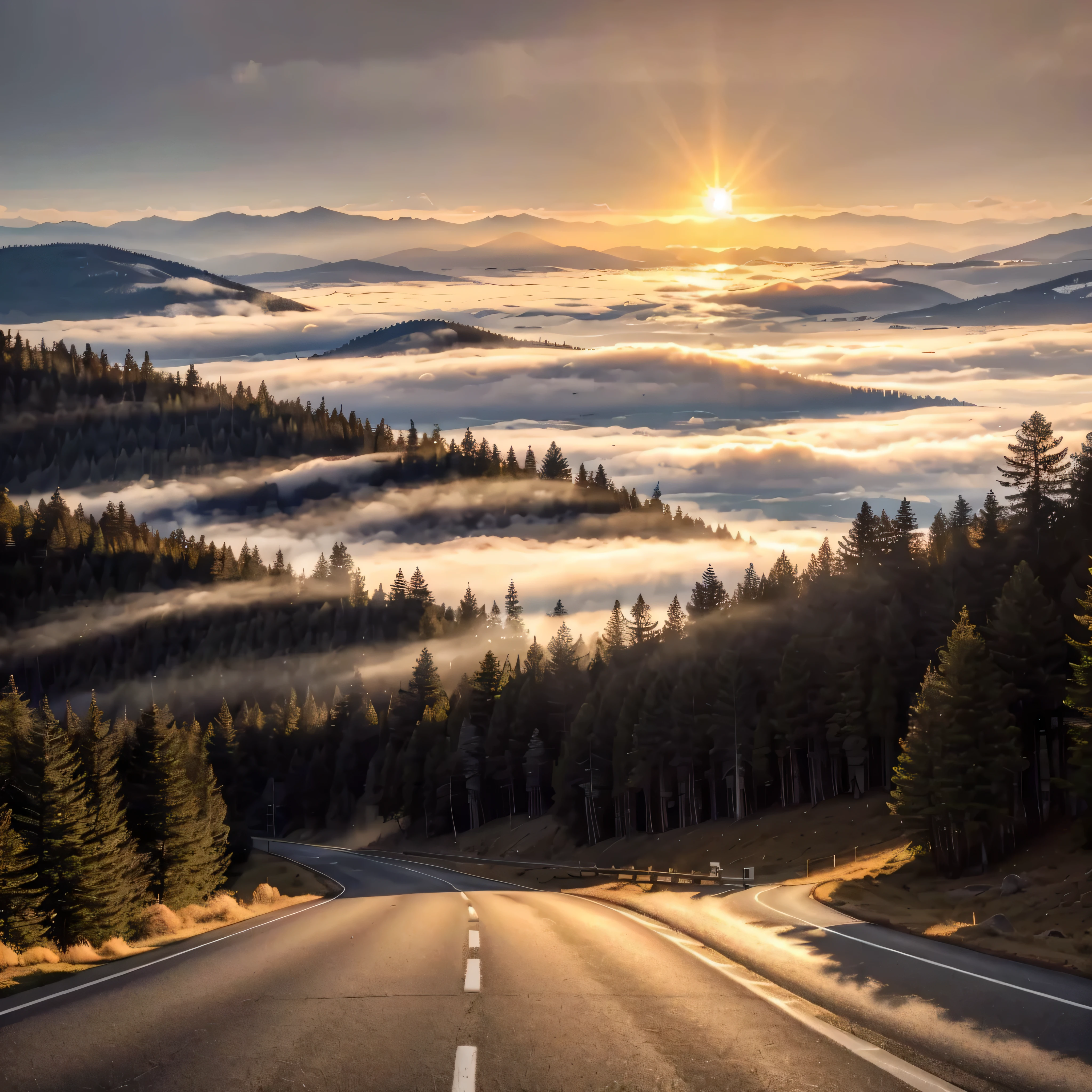 a dramatic mountainous landscape,two towering mountains covered in dense pine forests,sun peeking through morning mist,dramatic lighting creating ghostly atmosphere,view from a road winding towards the mountains,realistic 16k detailed photograph,photorealistic,vivid colors,cinematic composition,moody lighting,stunning vista,epic scale,immersive scenery