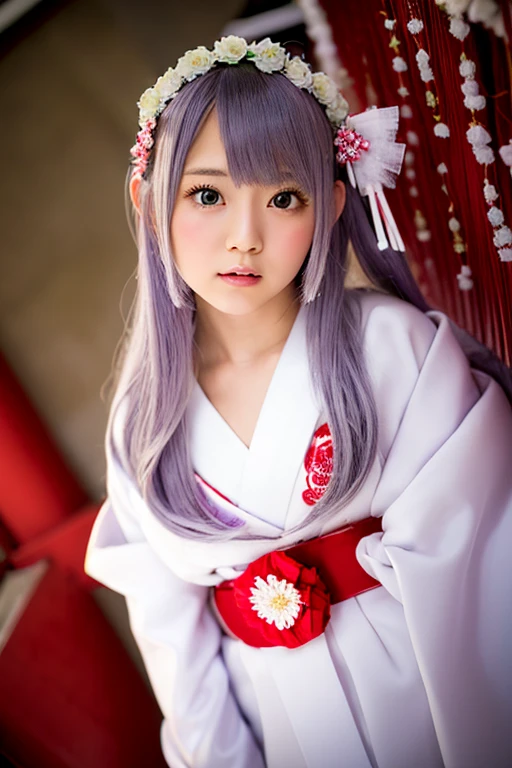 (highest quality:1.4), High resolution, masterpiece,, One girl,, Light purple hair, Purple eyes, (kemomimi), Medium chest, Naked thin thighs,, hair ornaments, (red|White Japanese shrine maiden outfit), Removable sleeves,, red面,, lanthanum, shrine,, Detailed face,