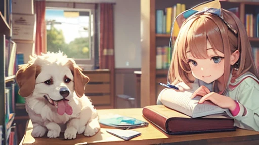 A cute girl is studying.There is a clock on the desk.Cute dog with him