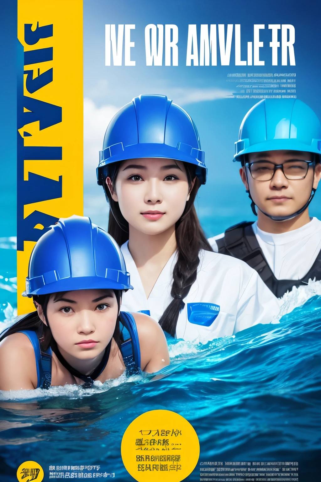 Create a poster to raise safety awareness based on the following elements: 1. Clean water as the background 2.３Employees（Two men and one woman、Wearing a blue helmet chin strap、Wearing blue work clothes、gloves、Wear protective glasses etc.）Express teamwork with a simple design ③ No space for text is needed