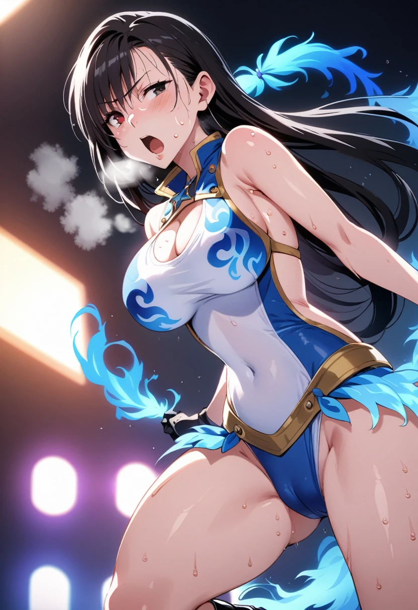 Ultra-high resolution, 1 Girl, 18 years old, (Idols:1.4), (Famous actresses :1.4), (Beautiful detailed face:1), ((Best Quality)), 1 Girl:1, 18 I, Cinematic Light, ,Mood lighting, (((Perfect Anatomy:1.10))), (Finely detailed face:1.2), (Representative works:1.5), (Best Quality:1.2), Looking at the Viewer, Lipstick, V-shaped eyebrows, V Line Jaw, ((Prevents clothing from digging into the skin)), (Painful expression:1.3), (Heavy breathing:1.3), (The background is blurred), Glossy texture, Strong winds:1.3, (Long black hair blowing in the wind:1.3), (Perfect Face:1.4), (Beautiful detailed eyes), (Close one eye:1.2), (((Open your mouth:1.1))), ((Shiny skin:1.3)), (Extremely smooth expressed skin), (((Sweaty skin:1.5))), ((((Sweating profusely:1.3)))), White Skin, Slender, Narrow nose, (Narrow waist:1), (Almond Eyes:1), (Big Breasts:1.2), There is cleavage in the chest, Bangs, Light makeup, Small Ass, ((((Inside the professional wrestling ring:1.4)))), ((Sexy Sparkly Wrestling Costumes:1.3)), ((Sexy design pure white swimsuit:1.3), (( Intricate design of white wrestling costume:1.3)), ((((The crotch is very wet:1.4)))), ((((Sweat makes clothes transparent:1.3)))), (Patent leather long wrestling boots), Thimble Skin Gloves, (((Fighting spirit:1.5))), (((Leaning posture:1.1))),