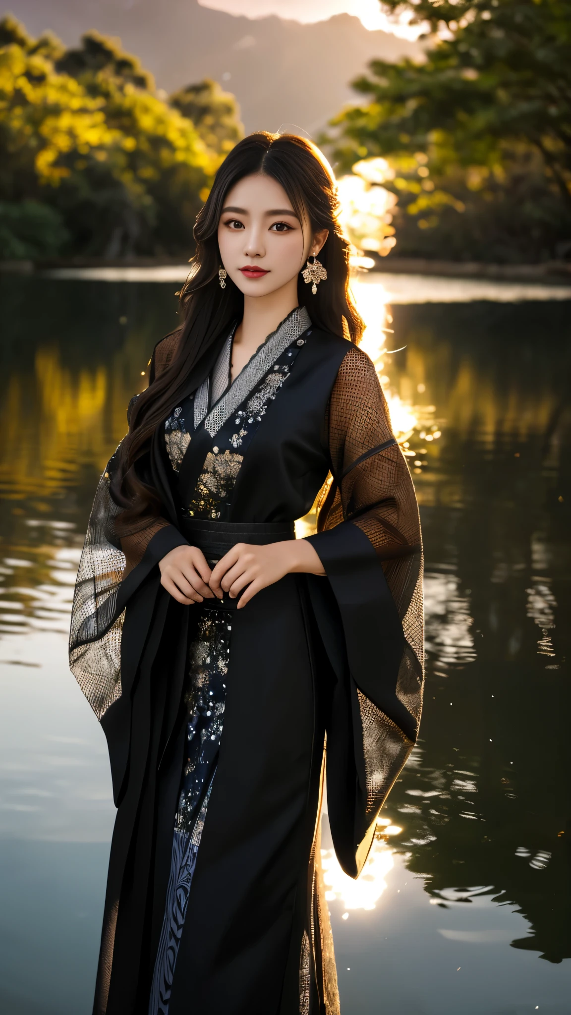8K, UHD, masterpeiece,best quality, 1 girl, detailed face, detailed eyes, very long hair, long straight hair, small breasts, very detailed dress, kimono costume, black costume, ((mesh lace)), sardine, flowing sardine, jwellery, earring, ornaments, flower, evening, lake, water, sunset, depth of field, glowing light, god rays, reflection light, bloom, looking at viewer,