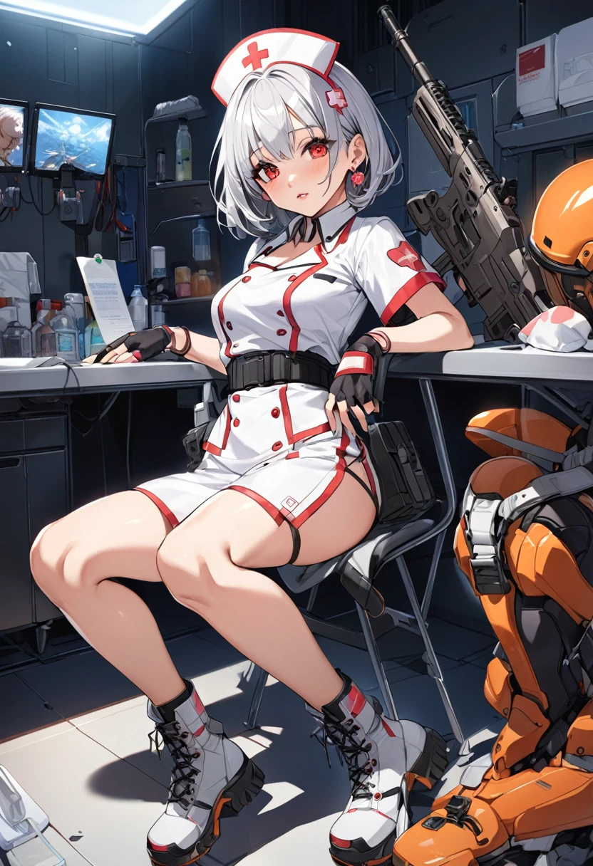 masterpiece、highest quality、Ultra-high resolution、Maximum resolution、Very detailed、Professional Lighting、anime、Adult female、thin、so beautiful、、Nurse uniform、Has a submachine gun、Red Eye、Silver Hair、Short Hair、Earrings、Fingerless Gloves、Beautiful eyes、Gloss Lip、Tactical Boots、Equipped with transparent orange shooting glasses、Equipped with a chest rig、Caring for the injured、Sanitary Corps