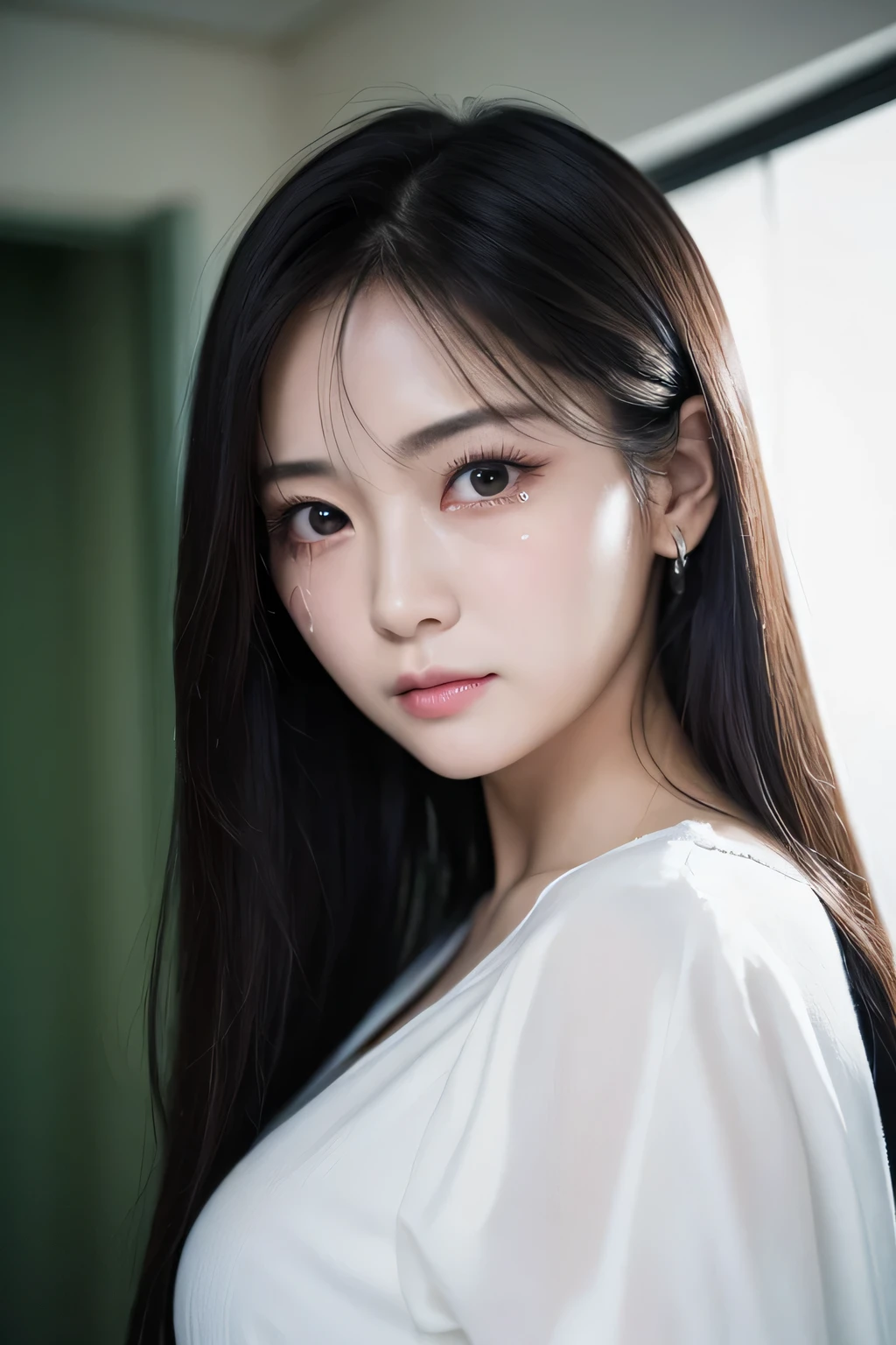 (The ghost of a woman)、(Beautiful Japanese、90years old,round face、Refreshing、clear、、stylish、Narrow eyes、black eyes、,actress,Pale skin、Crystal clear white skin, Good style ), (Beautiful big breasts:1.0),(soft breasts),,(Black hair),(long hair),(enchanting eyes)、(8K、Live shooting、highest quality、masterpiece:1.2、optimal lighting)、((masterpiece)),(Photo taken by a professional photographer),(real、photo real:1.4),break,{ (White hospital gown),Hospital uniform},( Sad face:1.4),(tears:1.4)) break, break,Old abandoned hospital,、 night、Dark hospital room、Gloomy face、Being sick、Full body portrait、Very dark room、Standing at the back of the room