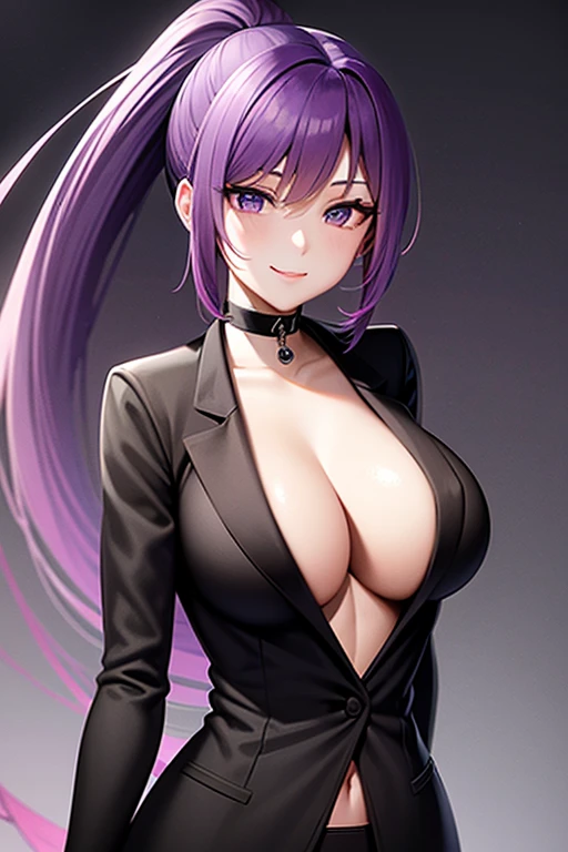 Purple Hair　Details　masterpiece　Low ponytail　Female college student　Black overcoat　thin　mysterious　Suspicious　smile　whole body　28 years old　Mature