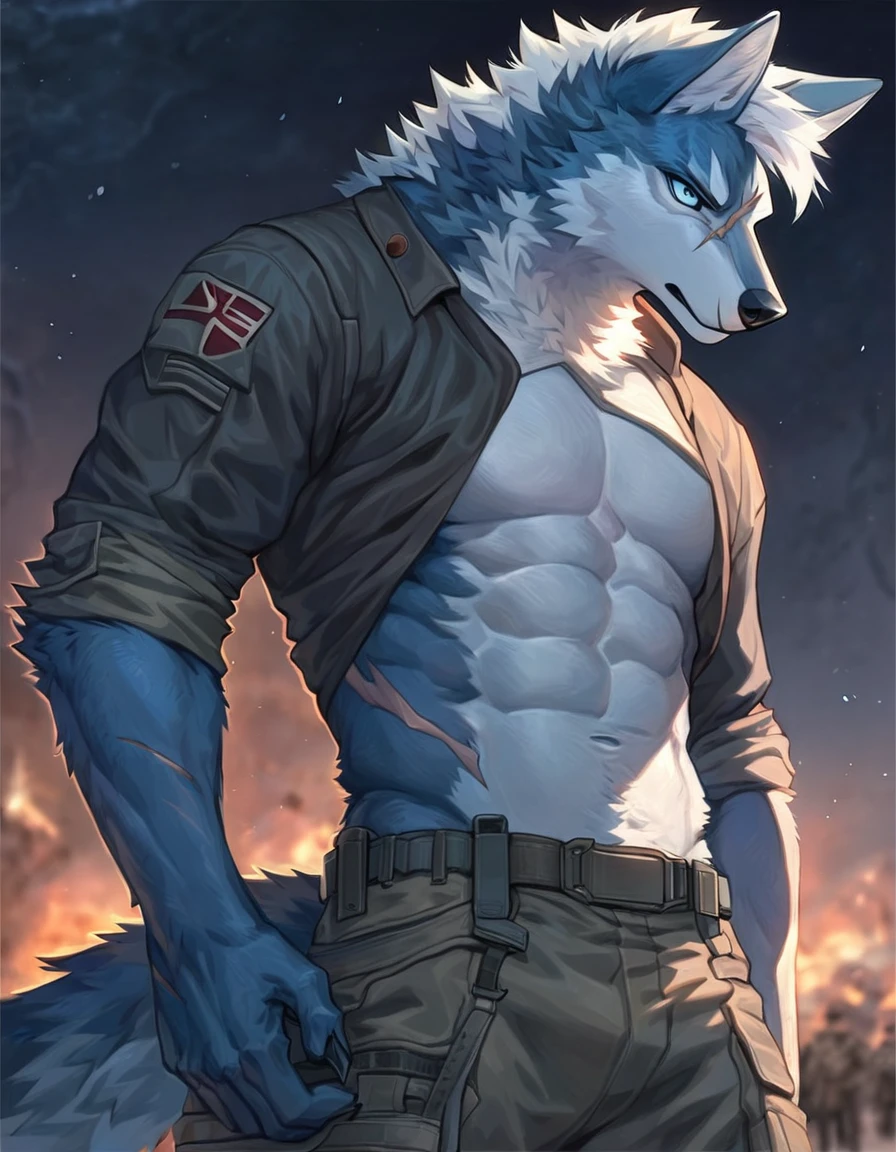 (solo), male anthro wolf, solo, masterpiece, best art, detailed hands, detailed eyes, night, abs, pants, military, arm scar, anime newest artstyle, extreme detail, white hair, dark blue body, white underside, icy blue eyes, tight shirt