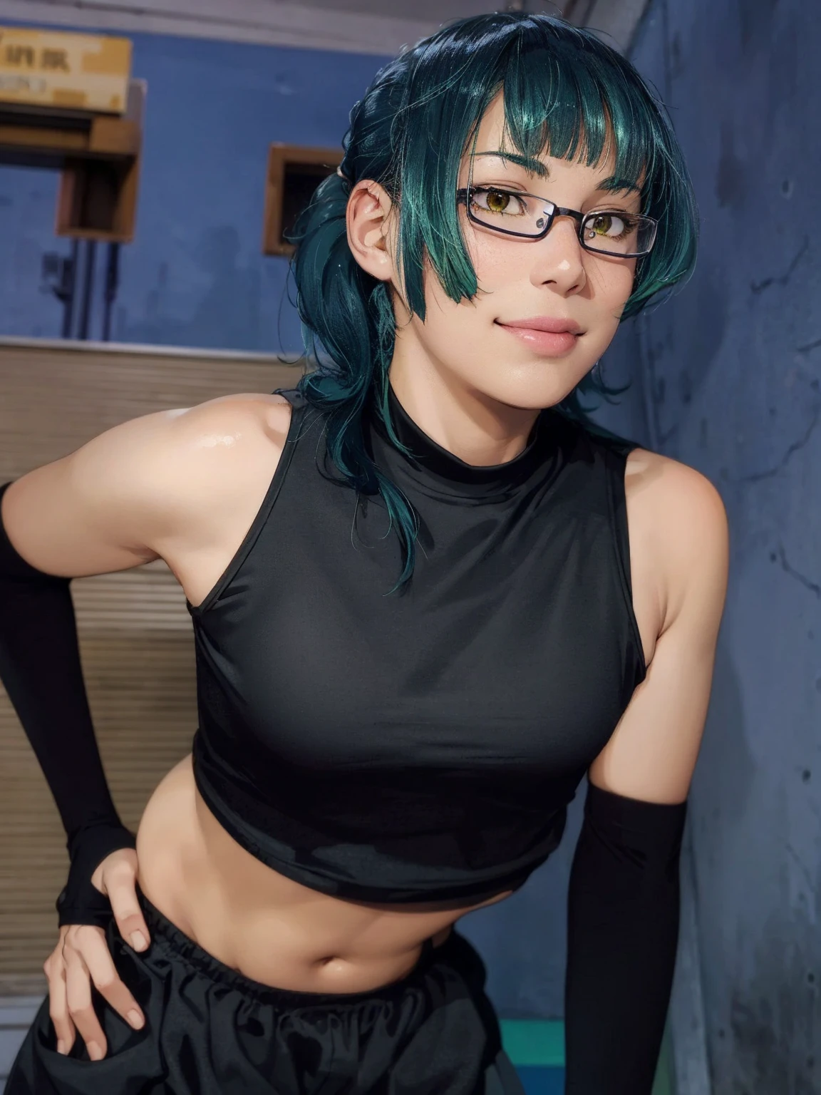 1girl, ponytail hair, green hair, yellow eyes, realistic clothes, beautiful, wear purple frame glasses, background city, realistic, ultra detail, smile, blury backround