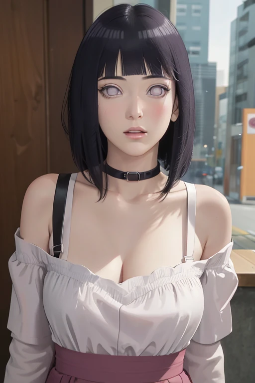 masterpiece, absurdres, hinata\(boruto\), 1girl, solo,mature female, off-shoulder strap bra, high waist short skirt, looking at viewer, perfect composition, detailed lips, big breast, beautiful face, body propotion, blush, (pink lips), long hair, purple eyes, soft gaze, super realistic, detailed, photoshoot, realistic face and body,