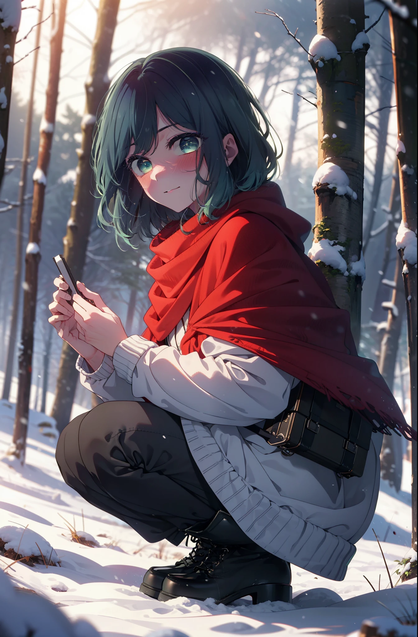 akanekurokawa, akane kurokawa, bangs, (Green Eyes:1.3), Blue Hair, Medium Hair, dark Blue Hair,smile,blush,White Breath,
Open your mouth,snow,Ground bonfire, Outdoor, boots, snowing, From the side, wood, suitcase, Cape, Blurred, , forest, White handbag, nature, Squat, Mouth closed, Cape, winter, Written boundary depth, Black shoes, red Cape break looking at viewer, Upper Body, whole body, break Outdoor, forest, nature, break (masterpiece:1.2), highest quality, High resolution, unity 8k wallpaper, (shape:0.8), (Beautiful and beautiful eyes:1.6), Highly detailed face, Perfect lighting, Highly detailed CG, (Perfect hands, Perfect Anatomy),