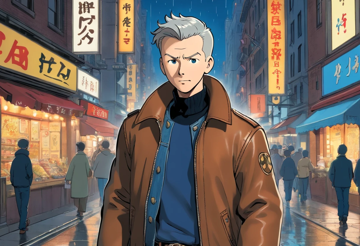 Tintin, 50 years old male wearing brown leather jacket, black turtleneck long Sleeves shirt and navy blue denim jeans, slick and neat short gray hair, exploring New York City in rainy night, european comics