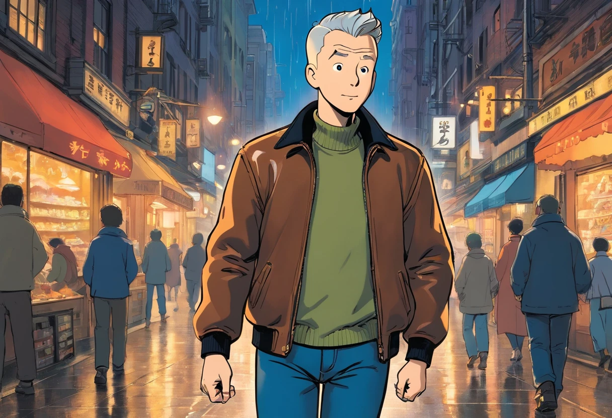 Tintin, 50 years old male wearing brown leather jacket, black turtleneck long Sleeves shirt and navy blue denim jeans, slick and neat short gray hair, exploring New York City in rainy night, european comics