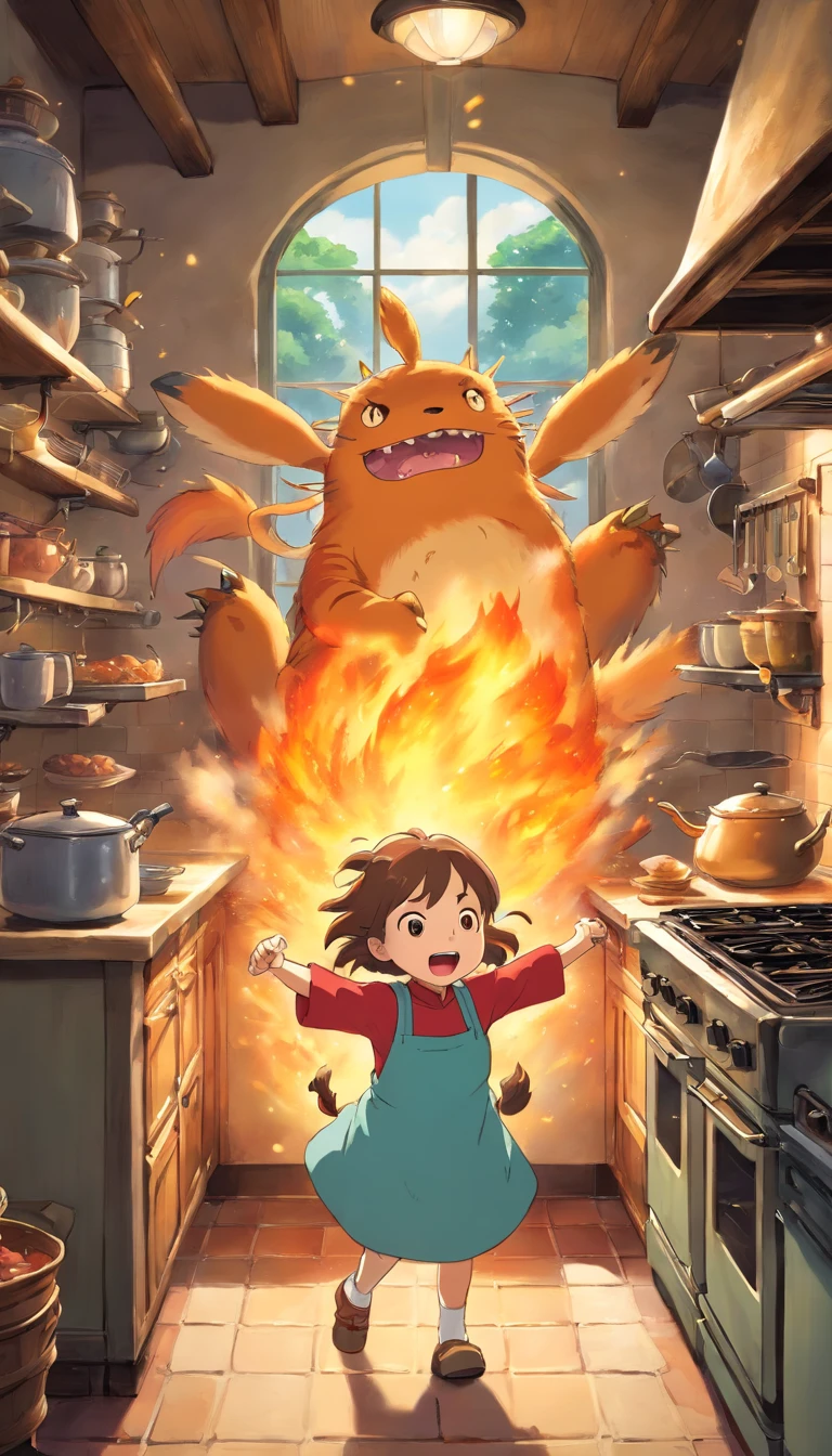 (masterpiece, highest quality, Very detailed, 8k wallpaper, Realistic), Concept Art, Anthropomorphic old oven, a monstrous device, Whimsical, Kitchen threats, Manga style, Vibrant,Animal characters fighting the wind,Mascots,interesting,Trick Art