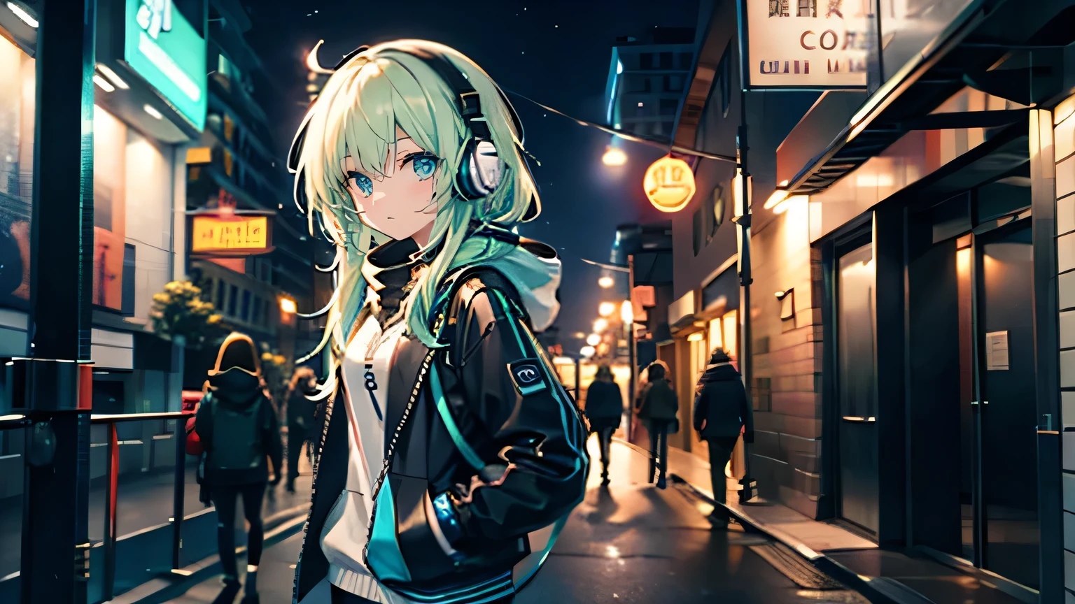 A girl wearing headphones is walking through the city at night, Looking into the camera, Her hair is mint colored
