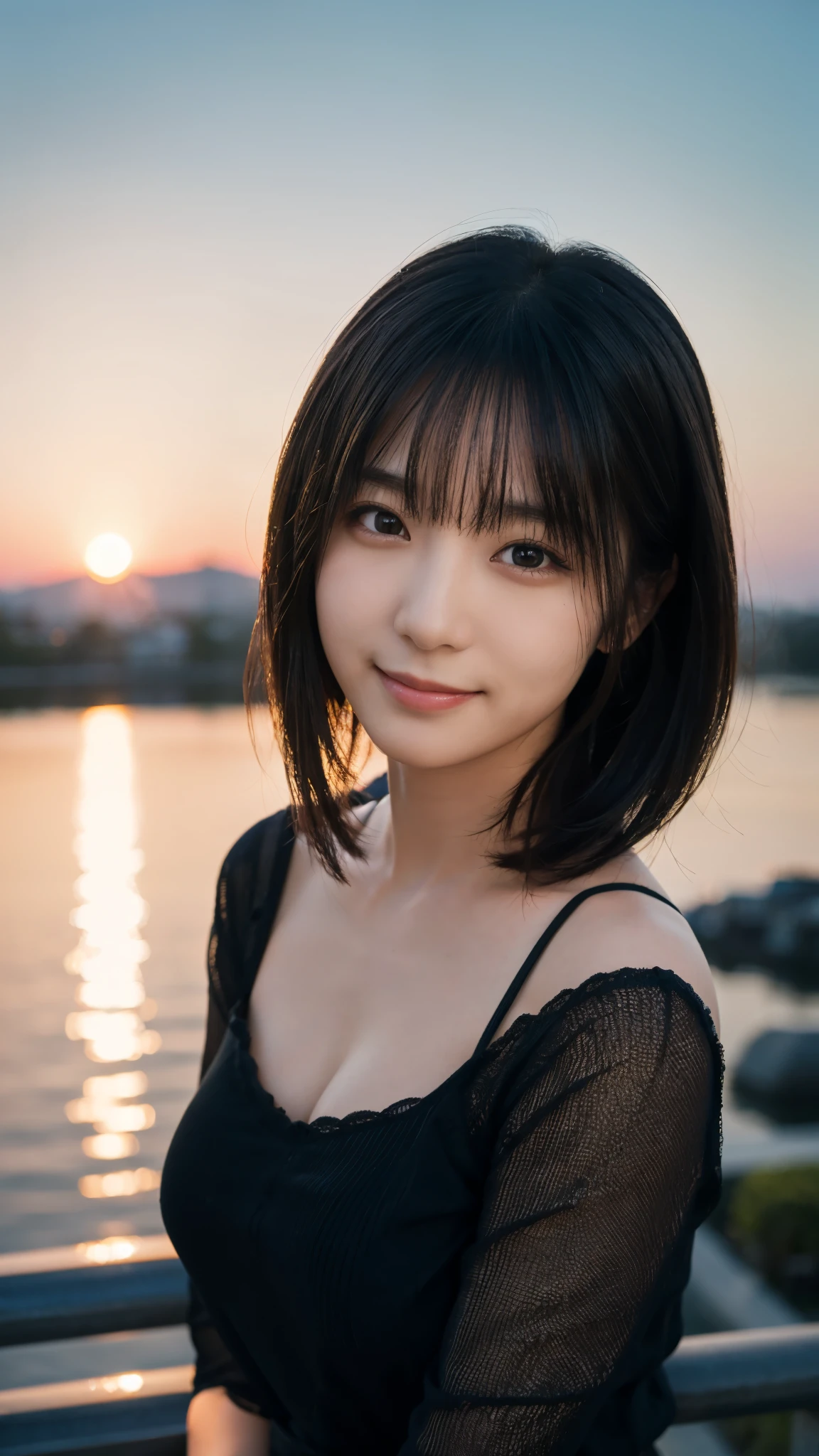 (highest quality,masterpiece:1.3,Ultra-high resolution),(Super detailed,Caustics,8k), (Photorealistic:1.4, RAW shooting),dawn,sunrise,Dusk,Japanese,20-year-old,smile,Black Hair Middle Hair,Black Shirt,Bust up shot,Natural light