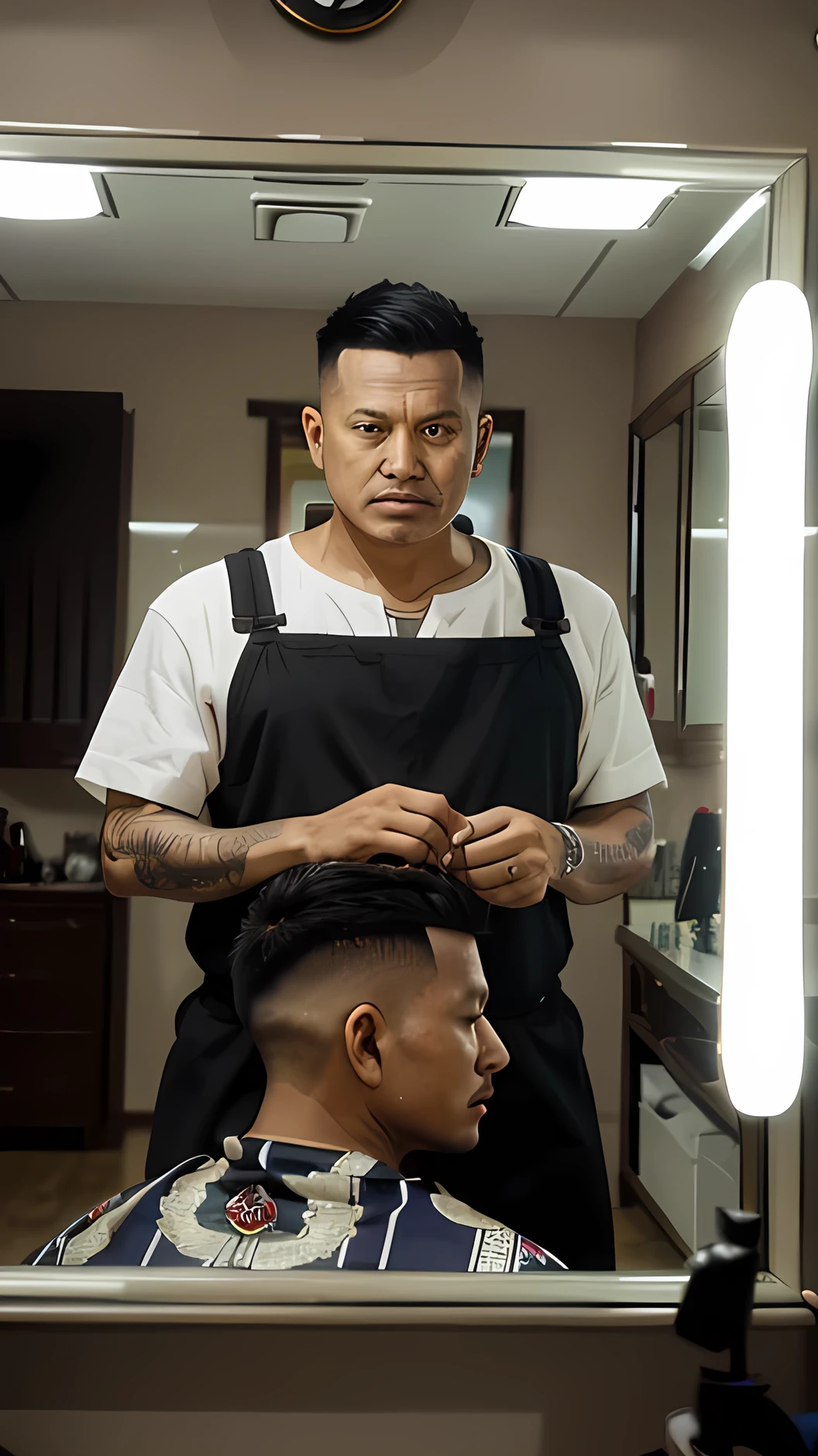 a 27 year old Indonesian barber wearing barber clothes, shaving a 40 year old man facing the mirror, background of the barber's room, realistic, original, very clear, high resolution, full HD