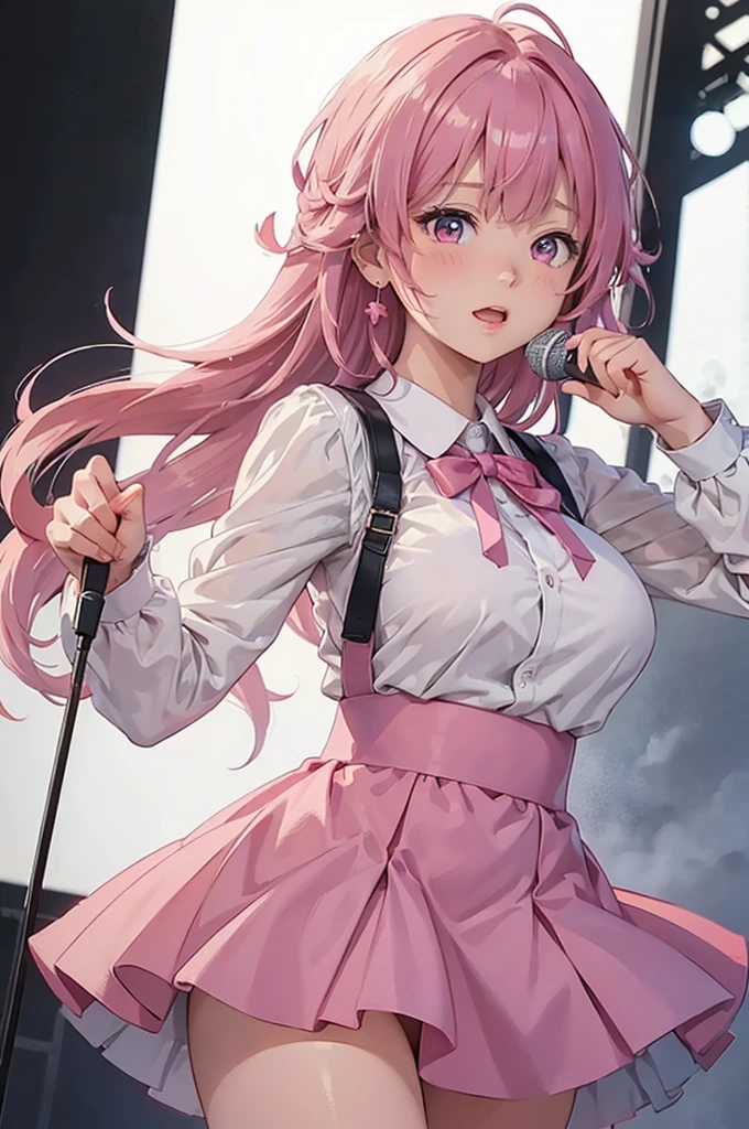 masterpiece、Soft Focus , Bright gradient watercolor、Tabletop, High resolution, 8k, Anime Women, Delicate and detailed writing 、Detailed digital illustration、high resolution, high quality、Detailed Background、Close-up photo、
long hair、Shiny Hair、Bright pink hair、bangs、Very beautiful woman、Idol、Double Eyes、(Large Breasts:1.4)、
(((Two arms、Four fingers, One thumb)))、Detailed female face、(Holding a microphone:1.3)、Singing on a microphone、(Idol Costumeini)、 short skirt、pink ribbon、pink rose hair accessory、pink and white outfit、
