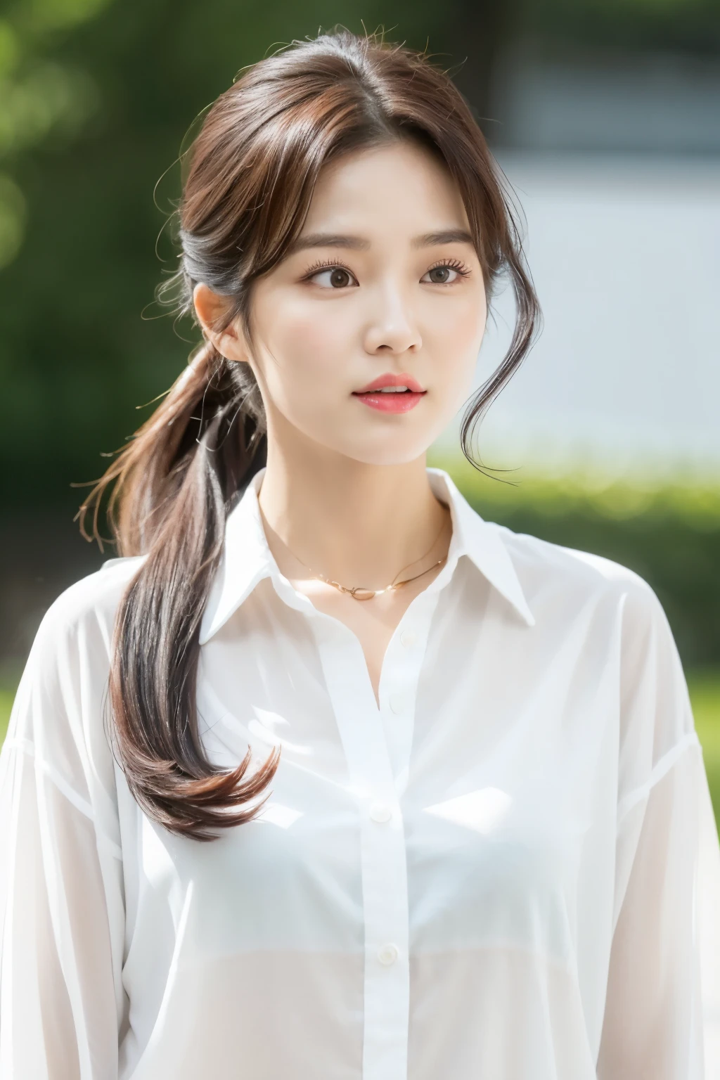 a woman with a ponytail in a white shirt and yellow shirt, cute korean actress, portrait of female korean idol, lee ji - eun, lee ji-eun, female actress from korea, heonhwa choe, jinyoung shin, park ji-min, jaeyeon nam, wan adorable korean face, jiyun chae, hwang se - on, korean girl
