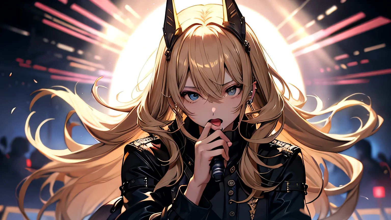 ((highest quality)), ((masterpiece)), (detailed), Perfect Face、Live Stage、vocal、Mike stand、blonde、Smooth Hair、shout、Cowboy Shot、Heavy Metal Band、