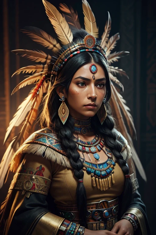 arafed woman in native american costume with feathers and feathers on her head, aztec princess portrait, aztec warrior god, aztec King, aztec empress, karol bak uhd, aztec warrior, : native american shamen fantasy, mayan priestess, aztec fantasy, native Indian, azctec warrior, aztec mythology, native Indian art, aztec hair, stunning digital paintingUltra Sharp Focus, Intricate Artwork Masterpiece, Ominous, Golden Ratio, Highly Detailed, Vibrant, Production Cinematic Characte High Definition, 8k, Unreal Engine 5, Ultra Sharp Focus, Intricate Artwork Masterpiece, Ominous, Golden Ratio, Highly Detailed, Vibrant, Production Cinematic Character Render, Ultra High Quality 