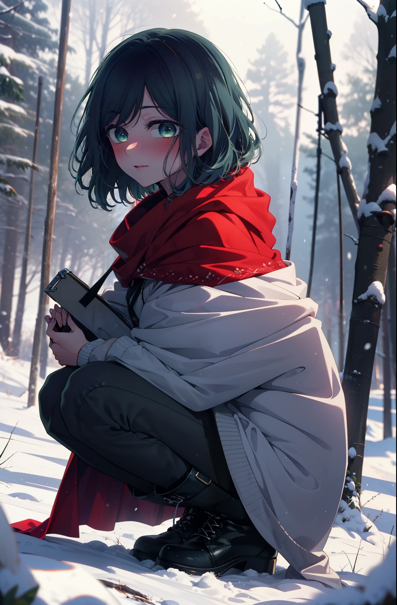 akanekurokawa, akane kurokawa, bangs, (Green Eyes:1.3), Blue Hair, Medium Hair, dark Blue Hair,smile,blush,White Breath,
Open your mouth,snow,Ground bonfire, Outdoor, boots, snowing, From the side, wood, suitcase, Cape, Blurred, , forest, White handbag, nature,  Squat, Mouth closed, Cape, winter, Written boundary depth, Black shoes, red Cape break looking at viewer, Upper Body, whole body, break Outdoor, forest, nature, break (masterpiece:1.2), highest quality, High resolution, unity 8k wallpaper, (shape:0.8), (Beautiful and beautiful eyes:1.6), Highly detailed face, Perfect lighting, Highly detailed CG, (Perfect hands, Perfect Anatomy),