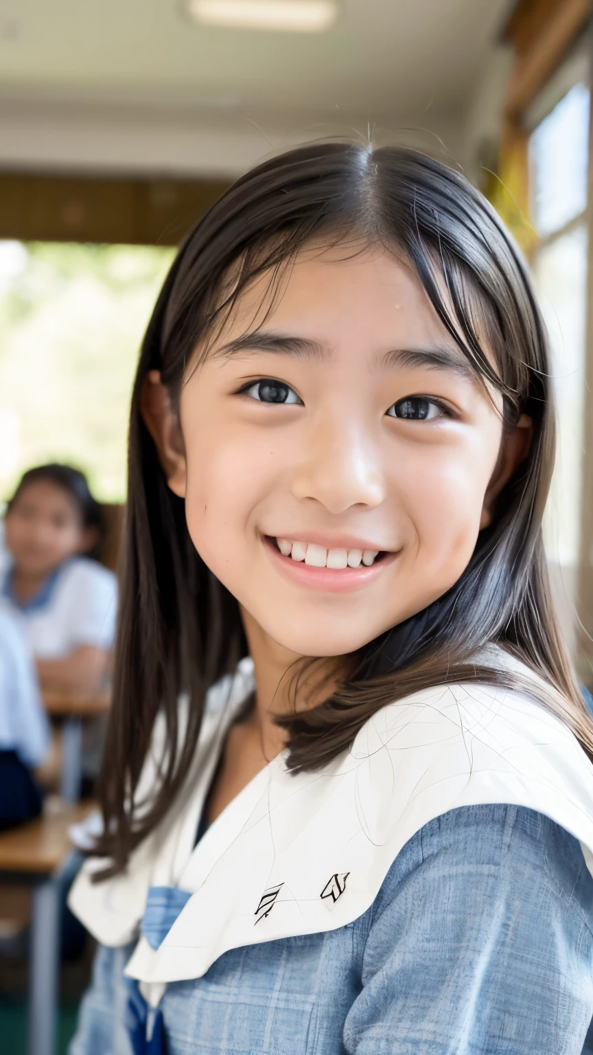 lens: 135mm f1.8, (highest quality),(RAW Photos), (Tabletop:1.1), (Beautiful  Japanese girl), Cute Face, (Deeply chiseled face:0.7), (freckles:0.4), dappled sunlight, Dramatic lighting, (Japanese School Uniform), (In the classroom), shy, (Close-up shot:1.2), (Serious face),, (Sparkling eyes)、(sunlight)