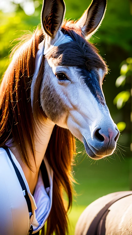 One girl, Portrait of a beautiful donkey pex, Athletic ability, White jacket, corset, skirt, pants, Black Hair, Redhead, Braid, compensate, choker, Cleavage, Wide Hips, Volumetric lighting, highest quality, masterpiece, Intricate details, Tone Mapping, Sharp focus, Super detailed, Trending on Art Station, Realistic  