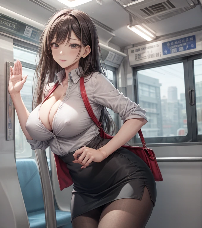 Ultra HD、Ultra high definition、Noise Reduction、perfection、on the train、Are standing、 (Strap, grab the strap)、、beautiful girl、career woman、OL、suit、Jacket、shirt、Pencil Skirt、Camel Toe、Giant tit、Nipple Puffs、Cleavage、Plump、Super big breasts、Super big butt、Grab、Raise your hand、Strapを掴む、Strap