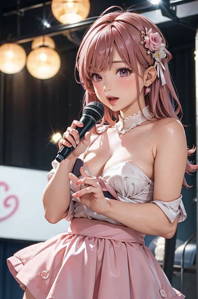 masterpiece、Soft Focus , Bright gradient watercolor、Tabletop, High resolution, 8k, Anime Women, Delicate and detailed writing 、Detailed digital illustration、high resolution, high quality、Detailed Background、Close-up photo、
long hair、Shiny Hair、Bright pink hair、bangs、Very beautiful woman、Idol、Double Eyes、、
(((Two arms、Four fingers, One thumb)))、Detailed female face、(Holding a microphone:1.3)、Singing on a microphone、(Idol Costumeini)、 short skirt、pink ribbon、pink rose hair accessory、pink and white outfit、