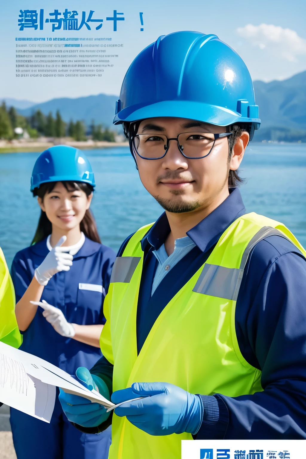 Create a poster to raise safety awareness based on the following elements: 1. Beautiful Lake Biwa in the background 2.3Employees(Two men and one woman、Wearing a blue helmet chin strap、Wearing blue work clothes、gloves、Wear protective glasses etc.)3. No space is needed for text.