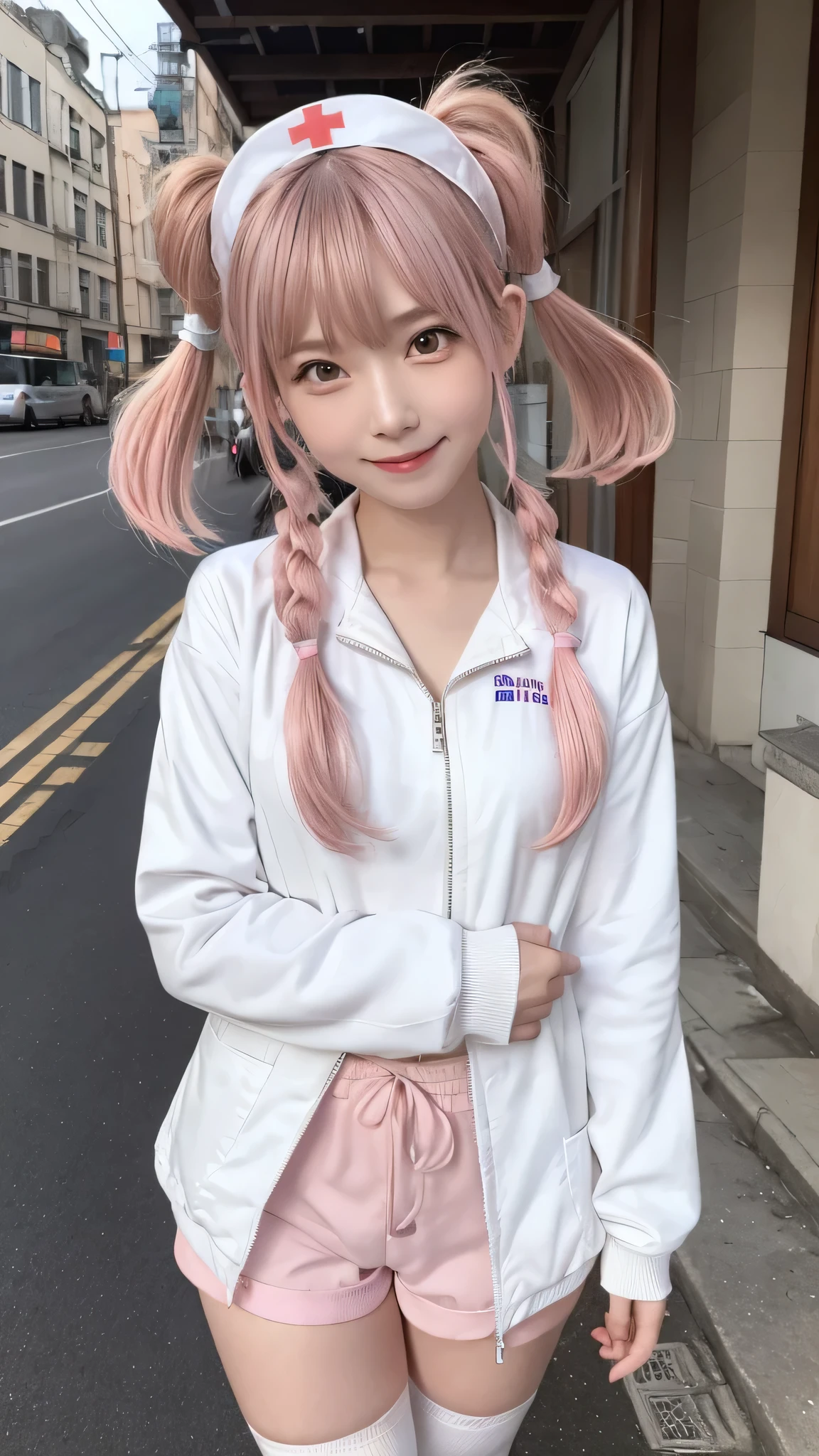 (masterpiece、highest quality、Official Art:1.2)、
One girl, pretty girl, In detail, (highest quality), (Intricate details), Cute Style, Nurse girl, Apocalyptic Style, Dystopian, Multicolor, ((pink hair in pigtails)), highest quality, ((Oversized jacket and shorts)), ((White clothes)), ((Nurse-style clothing)), ((Thigh-high socks)), ((Round eyes)), Beautiful Face, Cute Face, pin up, Pouting, Perfect Face, Portrait with a simple background, big eyes , huge shy smile , city street