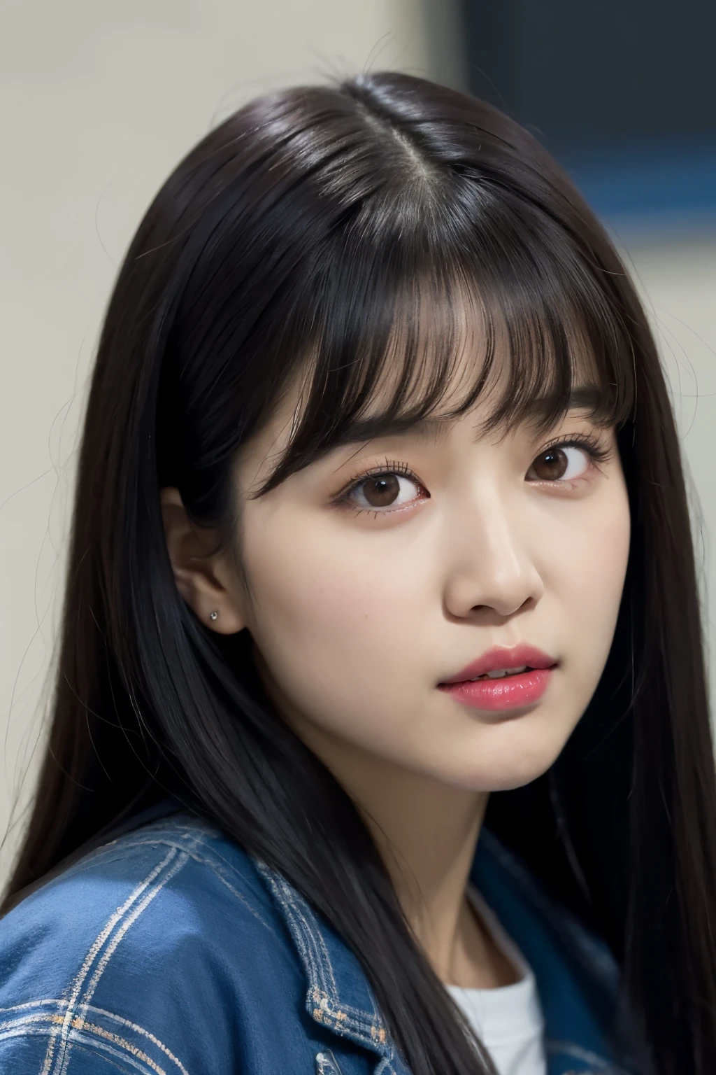 a close up of a woman with long black hair wearing a blue jacket, she has black hair with bangs, jaeyeon nam, jinyoung shin, bae suzy, hwang se - on, gongbi, lee ji-eun, lee ji - eun, park ji-min, wan adorable korean face, jossi of blackpink, iu, shikamimi