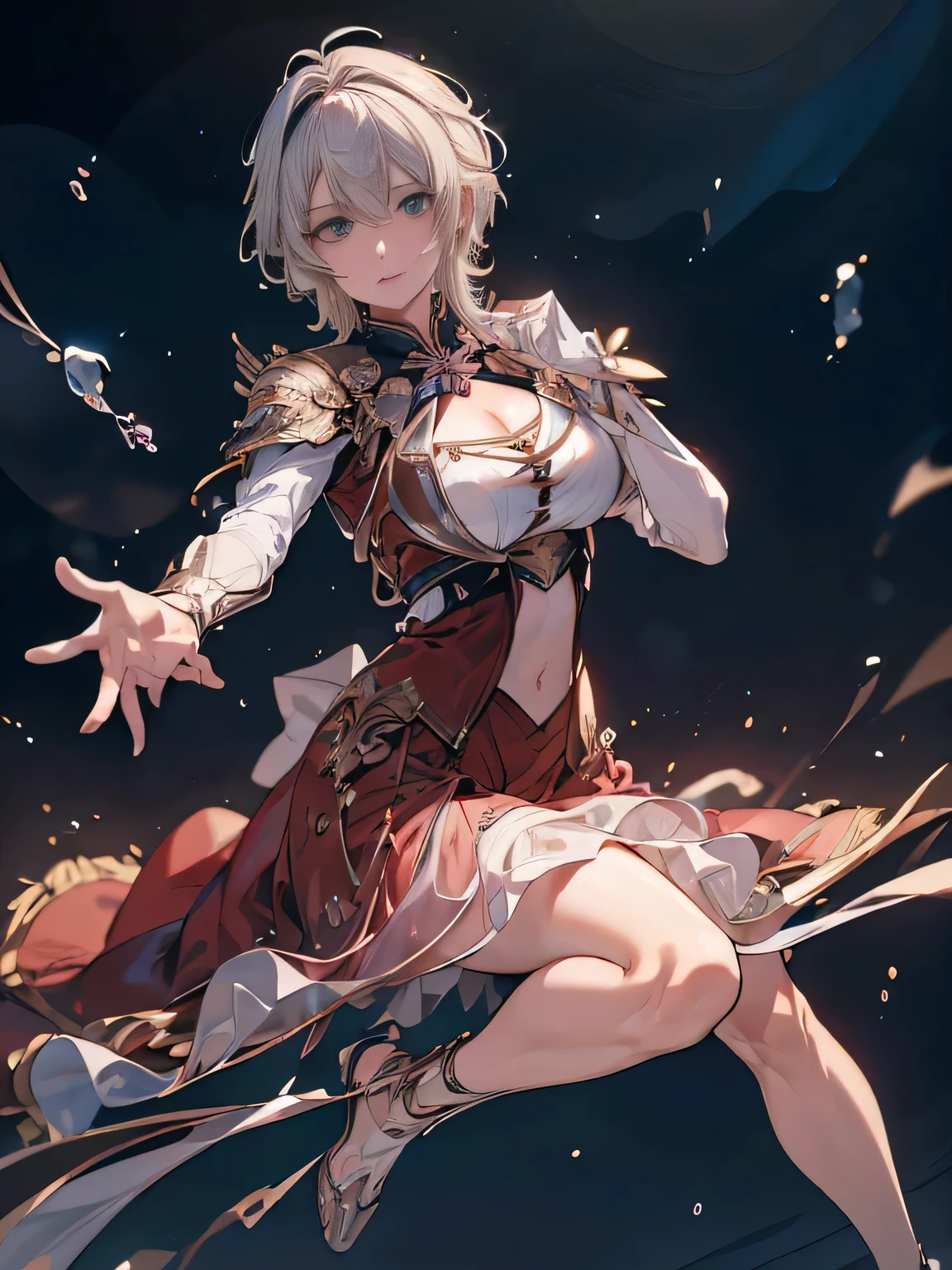 (( (masterpiece),(Very detailed CG Unity 8k wallpaper),(Bust Shot:1.5), highest quality,Cinema Lighting,Photorealistic, Detailed Background,Beautiful and beautiful eyes,Bright Eyes,(Very elegant and beautiful),(Beautifully detailed eye depiction),Very detailed,masterpiece,High resolution)), Richly decorated armor, Beautiful Female Warrior, short hair, Platinum Blonde Hair, Cleavage、Various actions、Various clothes、Red costume、Various poses、Colorful costumes、whole body、Beautiful feet