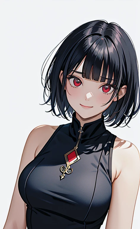 (masterpiece:1.4、top-quality、illustration)、(character focus、,upper body:1.3)、(face:1.5),(from above),(1girl),(Gentle face:1.2),(Beautiful eyes:1.4),cute face,(red eyes:1.3)、(tareme:1.3)、(crazy eyes:1.3),half (closed eyes:1.3)、
),(stand:1.4),、(Gentle smile:1.2),(head tilt:1.3),
(blue black hair),(short hair:1.5)、
,(glowing eyes:1.3),(sleeveless turtleneck china dress:1.5),
(blunt bangs),(sidelocks:1.3), (large breasts)、
、slender、zydG