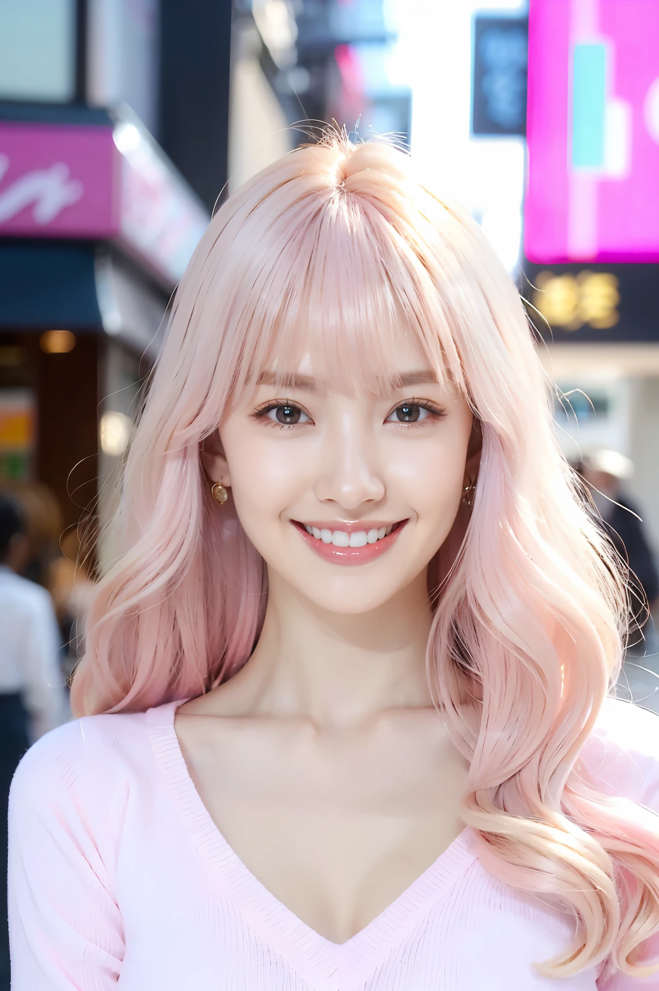 (Tabletop、highest quality、8k、Award-winning works、Ultra-high resolution)、One beautiful woman、(pregnancy:1.1)、(Fluffy light pink V-neck long sleeve knit:1.3)、(golden and pink hair:1.2)、(blonde:1.2)、Bright color contacts、Perfect Makeup、Bright and shiny lipstick、(Very heavy makeup:1.1)、(Pink Eyeshadow:1.1)、Heavy makeup around the eyes、(Head to toe photo:1.2)、Very long wavy hair、The best smile you ever had when you saw me、(Accentuate your body lines:1.1)、(Strongly blurred vibrant Harajuku streetscape background:1.1)、(Strongly blurred background:1.1)、Accurate anatomy、Ultra HD Hair、(Ultra-high resolutionの完璧な美しい歯:1.1)、Ultra-high definition beauty face、Ultra HD Hair、Ultra HD Shining Eyes、輝くUltra-high resolutionの美肌、Ultra-high resolutionの艶やかな唇