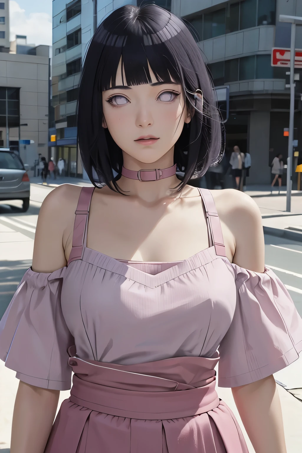 masterpiece, absurdres, hinata\(boruto\), 1girl, solo,mature female, off-shoulder strap bra, high waist short skirt, looking at viewer, perfect composition, detailed lips, big breast, beautiful face, body propotion, blush, (pink lips), long hair, purple eyes, soft gaze, super realistic, detailed, photoshoot, realistic face and body,