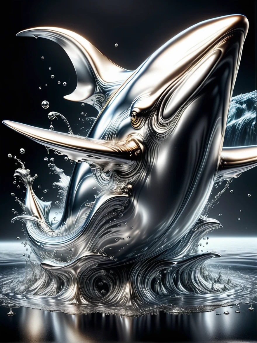 (An ocean of liquid metal:1.5)，(A giant white whale made of liquid metal)，Graceful cruising and singing，Liquid metal skin, Metal smelting，Liquid dripping