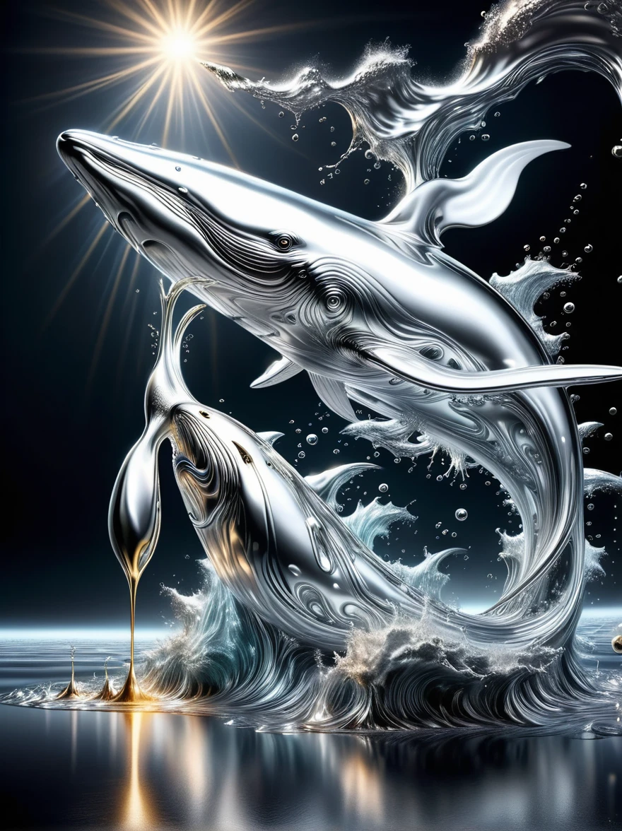 (An ocean of liquid metal:1.5),(A giant white whale made of liquid metal),Graceful cruising and singing,Liquid metal skin, Metal smelting,Liquid dripping