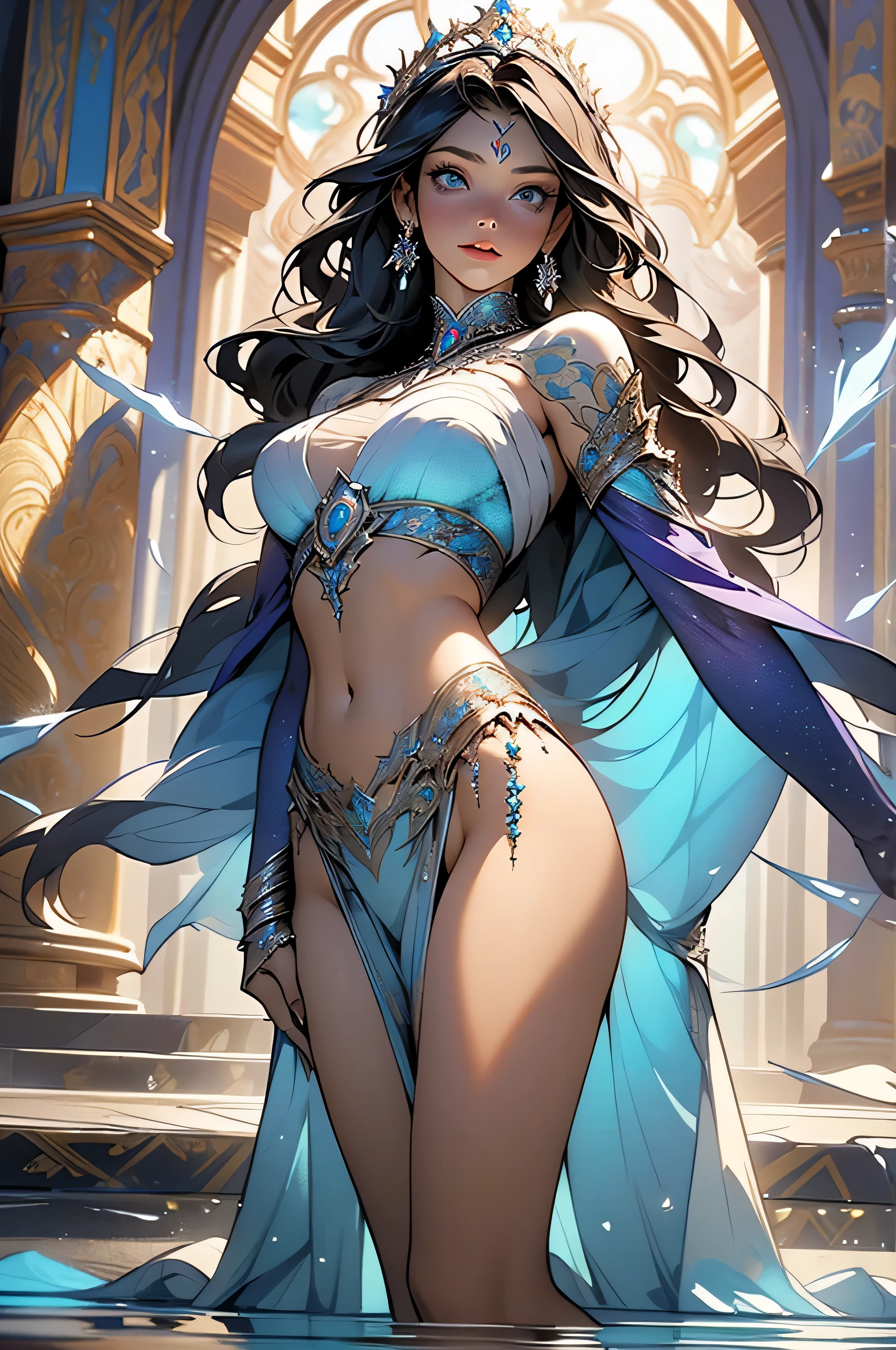 a stunningly beautiful woman (with the looks of a professional fashion model.) She has long lustrous purple white gradient hair), (expressive, blue eyes, reflecting light(light effect)), (immaculate, supple lips), ((large firm breasts)), (a toned midriff), (amazing legs), (perfect silky smooth thighs), (superb, slender calves), (cute flawless feet), and tribal tattoos. She is wearing a revealing, intricate, weaving, zentangle inspired gown of silk, lace, pearls, twisting silver and gold fastners and buckles, and a (diamond and emerald crown), ((standing in between two elaborately detailed, awe-inspiring)), ((mirrored walls of reflective moving water)), (((that she is controlling with her magic))), ((bright blue aura:1.5)), Artstation contest winner, fantasy art, goddess. extremely high detail, hyperdetailed fantasy character, 8k high quality detailed art, extremely detailed goddess shot, intricate wlop, hyperrealistic fantasy art, digital fantasy art ), karol bak, UHD, detailed fantasy art, cinematic movie still, masterpiece, best quality, absurd resolution, 8k, ray tracing, HDR, UHD, volumetric lighting, Unreal Engine 5, Unity Engine, Blender, octane render, exquisite composition and detail:1.4, exceptional lighting and shading:1.38, shallow depth of field, low angle, ominous mood, sharp focus, facing the viewer, (holding her arms out to her sides):1.4 repeat positive prompts, repeat negative prompts