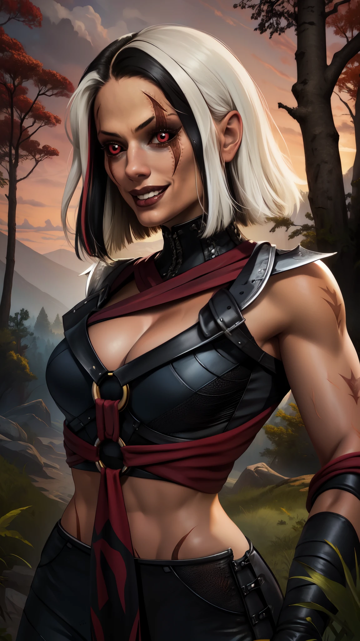 sareenamk1,red eyes,black sclera,(two-tone hair,white streaked hair,)bangs,scar,
black crop top,o-ring,gloves,midriff,cleavage,
standing,upper body,smile,
red sky,woods,
(insanely detailed, beautiful detailed face, masterpiece, best quality),