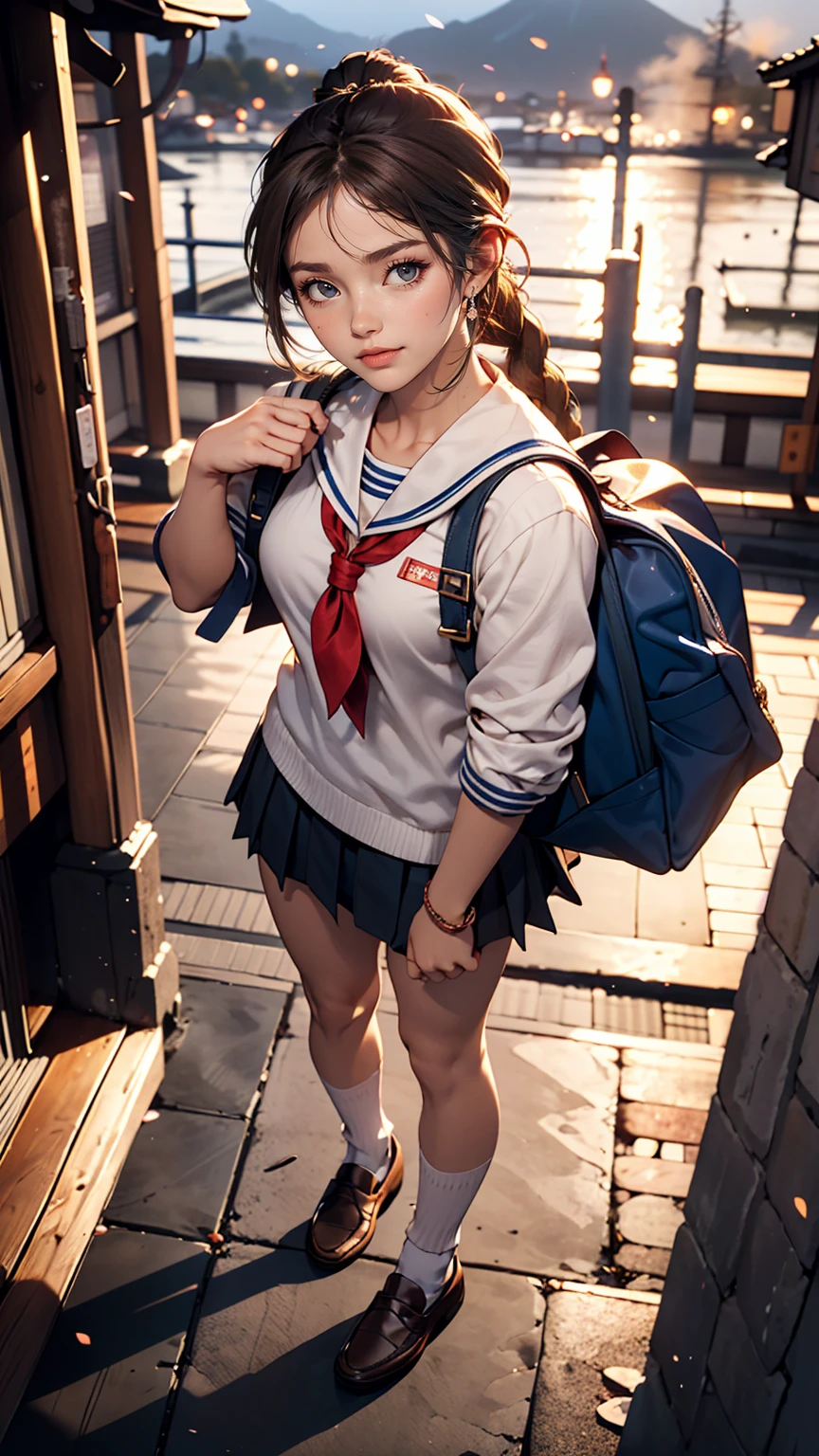 Cute high school girl in Japan、Wear a sailor uniform、A well-defined figure、Wear white socks、Wear loafers、Hold your school bag in front of your body、smile、Brown Hair、Aerial perspective((atmospheric perspective))、Braided ponytail((braided ponytail))