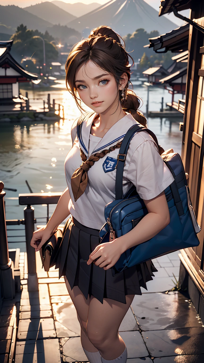 Cute high school girl in Japan、Wear a sailor uniform、A well-defined figure、Wear white socks、Wear loafers、Hold your school bag in front of your body、smile、Brown Hair、Aerial perspective((atmospheric perspective))、Braided ponytail((braided ponytail))