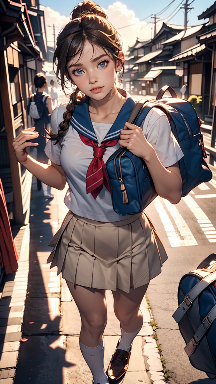 Cute high school girl in Japan、Wear a sailor uniform、A well-defined figure、Wear white socks、Wear loafers、Hold your school bag in front of your body、smile、Brown Hair、Aerial perspective((atmospheric perspective))、Braided ponytail((braided ponytail))