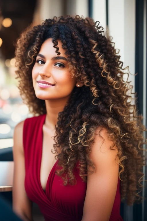 Portrait of a curly-haired Mexican woman wearing curly hair in a cafe , mignon, Photographie mate, peau brune, soft lighting, humeur ambiante, Stunning and clean photography in a car
