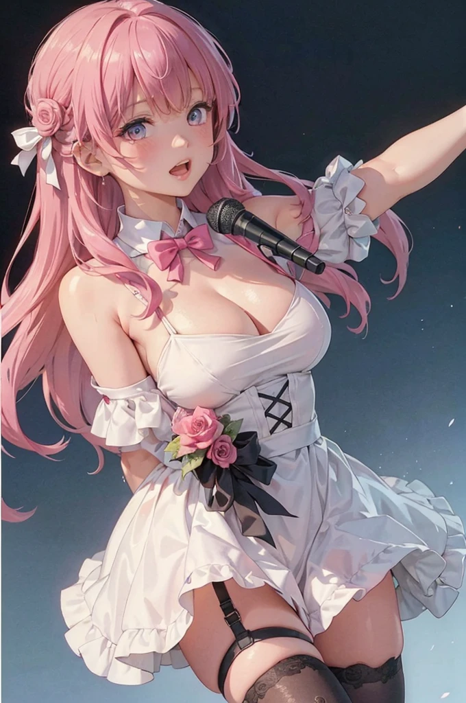 masterpiece、Soft Focus , Bright gradient watercolor、Tabletop, High resolution, 8k, Anime Women, Delicate and detailed writing 、Detailed digital illustration、high resolution, high quality、Detailed Background、Close-up photo、
long hair、Shiny Hair、Bright pink hair、bangs、Very beautiful woman、Idol、Double Eyes、(Large Breasts:1.4)、
(((Two arms、Four fingers, One thumb)))、Detailed female face、(Holding a microphone:1.3)、Singing on a microphone、(Idol Costumeini)、 short skirt、pink ribbon、pink rose hair accessory、pink and white outfit、