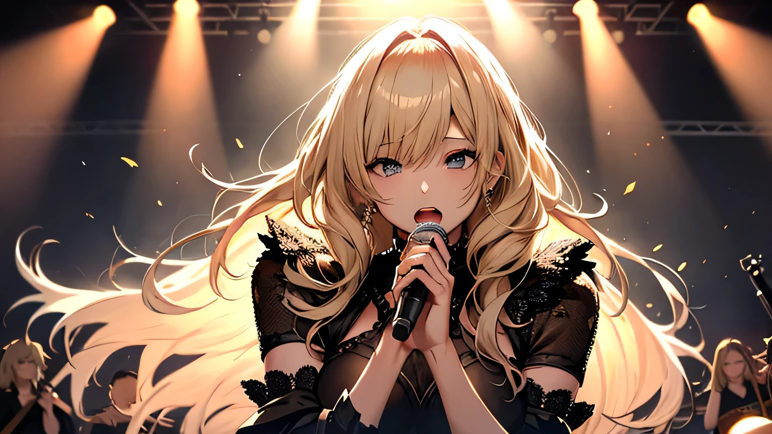 ((highest quality)), ((masterpiece)), (detailed), Perfect Face、Live Stage、vocal、Mike stand、blonde、Smooth Hair、shout、Cowboy Shot、Heavy Metal Band、