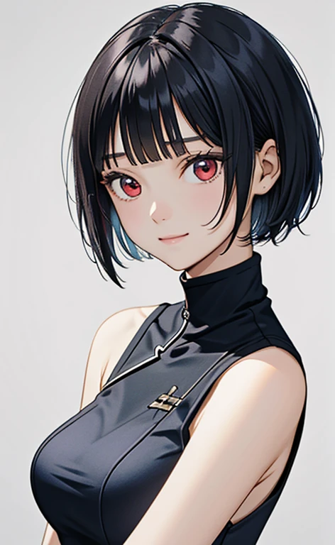 (masterpiece:1.4、top-quality、illustration)、(character focus、,upper body:1.3)、(face:1.5),(1girl),(Gentle face:1.2),(Beautiful eyes:1.4),cute face,(red eyes:1.3)、(tareme:1.3)、(:1.3),
),(stand:1.4),、(Gentle smile:1.2),(),
(blue black hair),(short hair:1.5)、
,(),（sleeveless turtleneck china dress:1.5),
(blunt bangs),(sidelocks:1.3), (large breasts)、
、slender、zydG