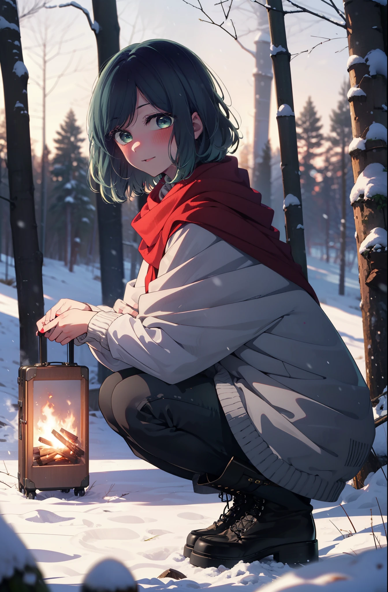 akanekurokawa, akane kurokawa, bangs, (Green Eyes:1.3), Blue Hair, Medium Hair, dark Blue Hair,smile,blush,White Breath,
Open your mouth,snow,Ground bonfire, Outdoor, boots, snowing, From the side, wood, suitcase, Cape, Blurred, , forest, White handbag, nature, Squat, Mouth closed, Cape, winter, Written boundary depth, Black shoes, red Cape break looking at viewer, Upper Body, whole body, break Outdoor, forest, nature, break (masterpiece:1.2), highest quality, High resolution, unity 8k wallpaper, (shape:0.8), (Beautiful and beautiful eyes:1.6), Highly detailed face, Perfect lighting, Highly detailed CG, (Perfect hands, Perfect Anatomy),