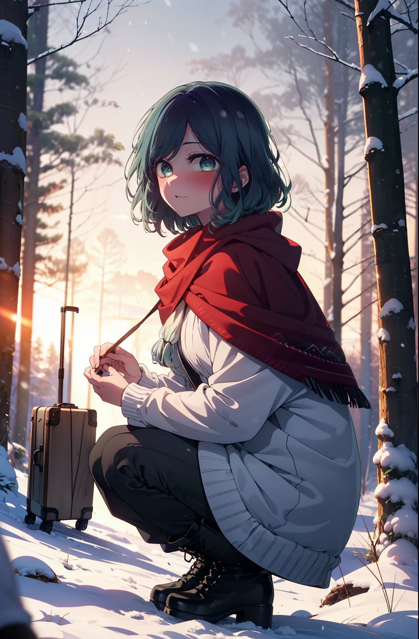 akanekurokawa, akane kurokawa, bangs, (Green Eyes:1.3), Blue Hair, Medium Hair, dark Blue Hair,smile,blush,White Breath,
Open your mouth,snow,Ground bonfire, Outdoor, boots, snowing, From the side, wood, suitcase, Cape, Blurred, , forest, White handbag, nature, Squat, Mouth closed, Cape, winter, Written boundary depth, Black shoes, red Cape break looking at viewer, Upper Body, whole body, break Outdoor, forest, nature, break (masterpiece:1.2), highest quality, High resolution, unity 8k wallpaper, (shape:0.8), (Beautiful and beautiful eyes:1.6), Highly detailed face, Perfect lighting, Highly detailed CG, (Perfect hands, Perfect Anatomy),