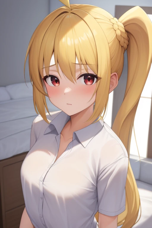 (masterpiece, highest quality:1.2), A girl with blonde hair and red eyes wearing a white shirt, Side Ponytail, Full Bang, Looks confused, Bedroom, 
Super detaileded, highest quality, Expressive eyes, Perfect Face, super high quality, Super detailed,nsfw,(slut:1.5)